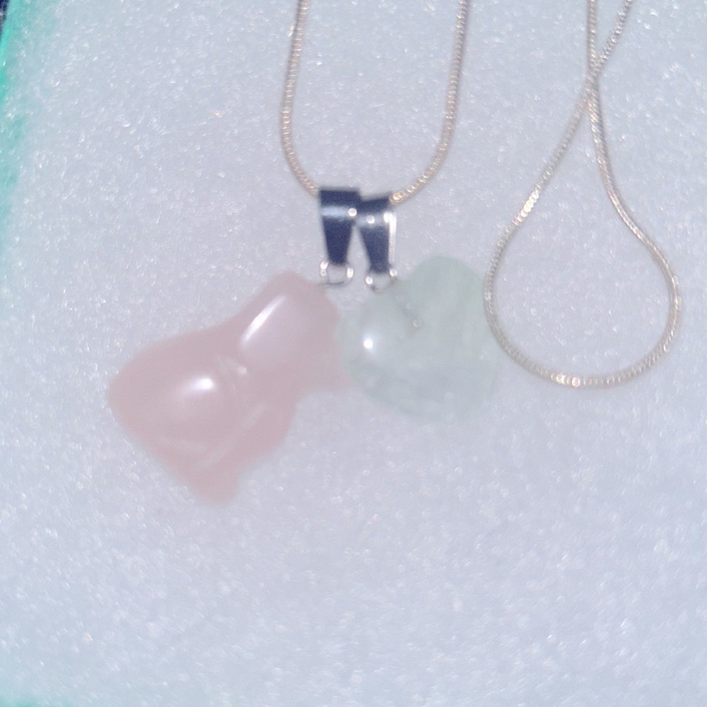 Boho Hippie Rose Quartz Crystal Dog Prehnite Heart Sterling Silver Necklace 24”